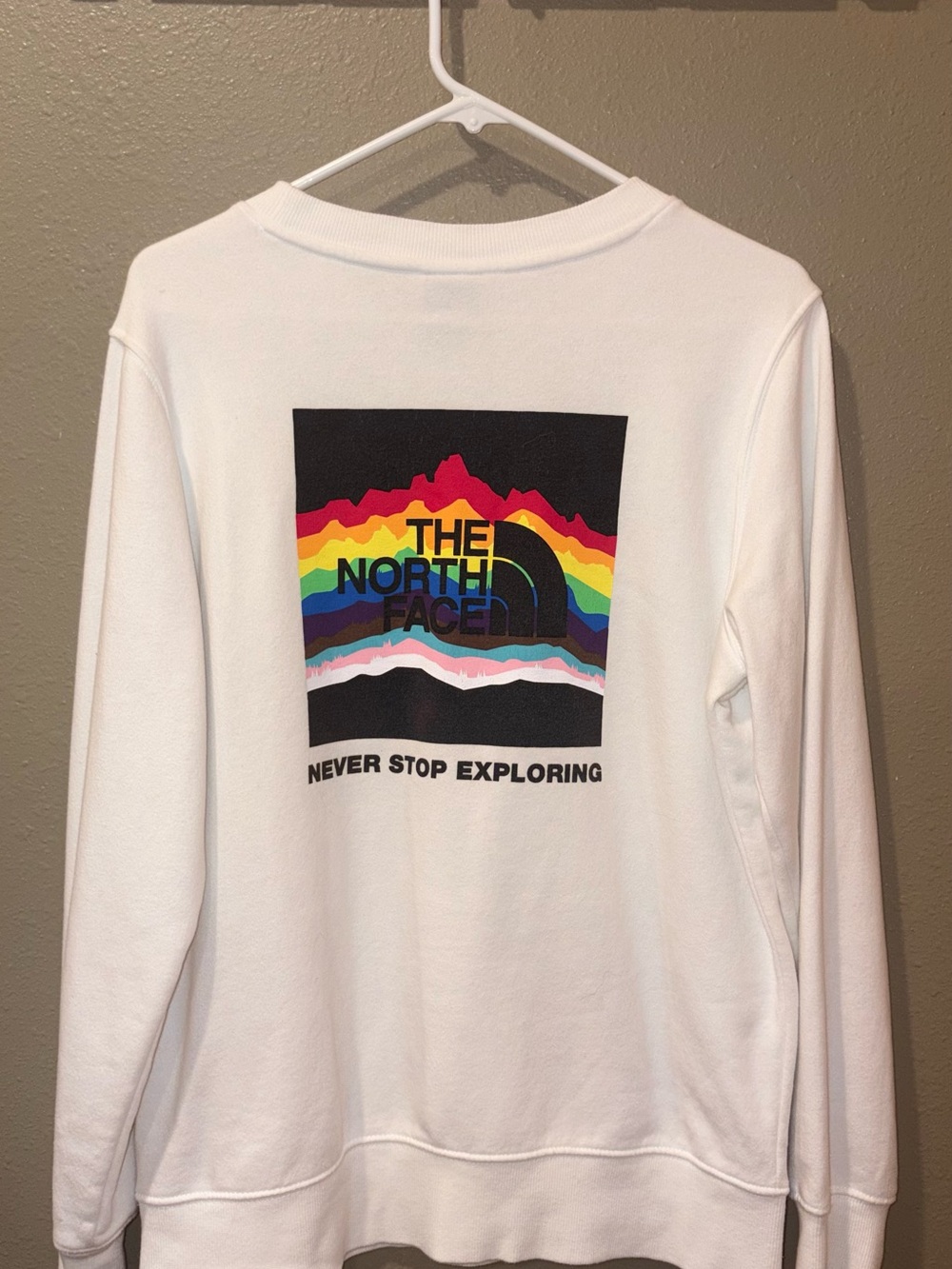 The North Face White Crew Sweatshirt with Rainbow Mountain Logo